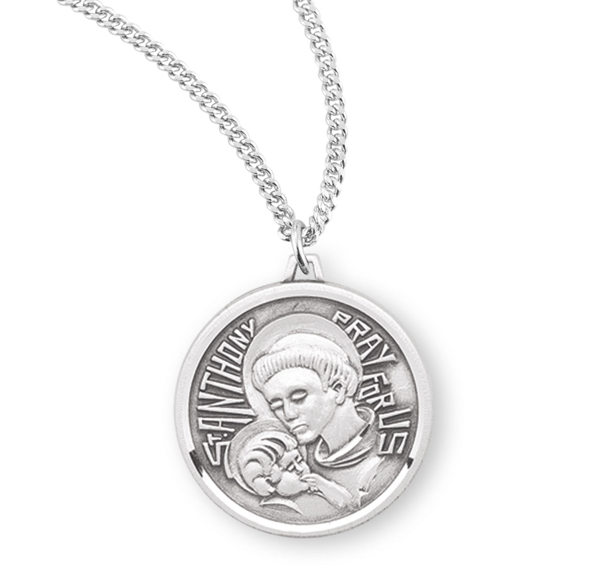 Saint Anthony Round Sterling Silver Medal Pendant with Chain | .925 Silver