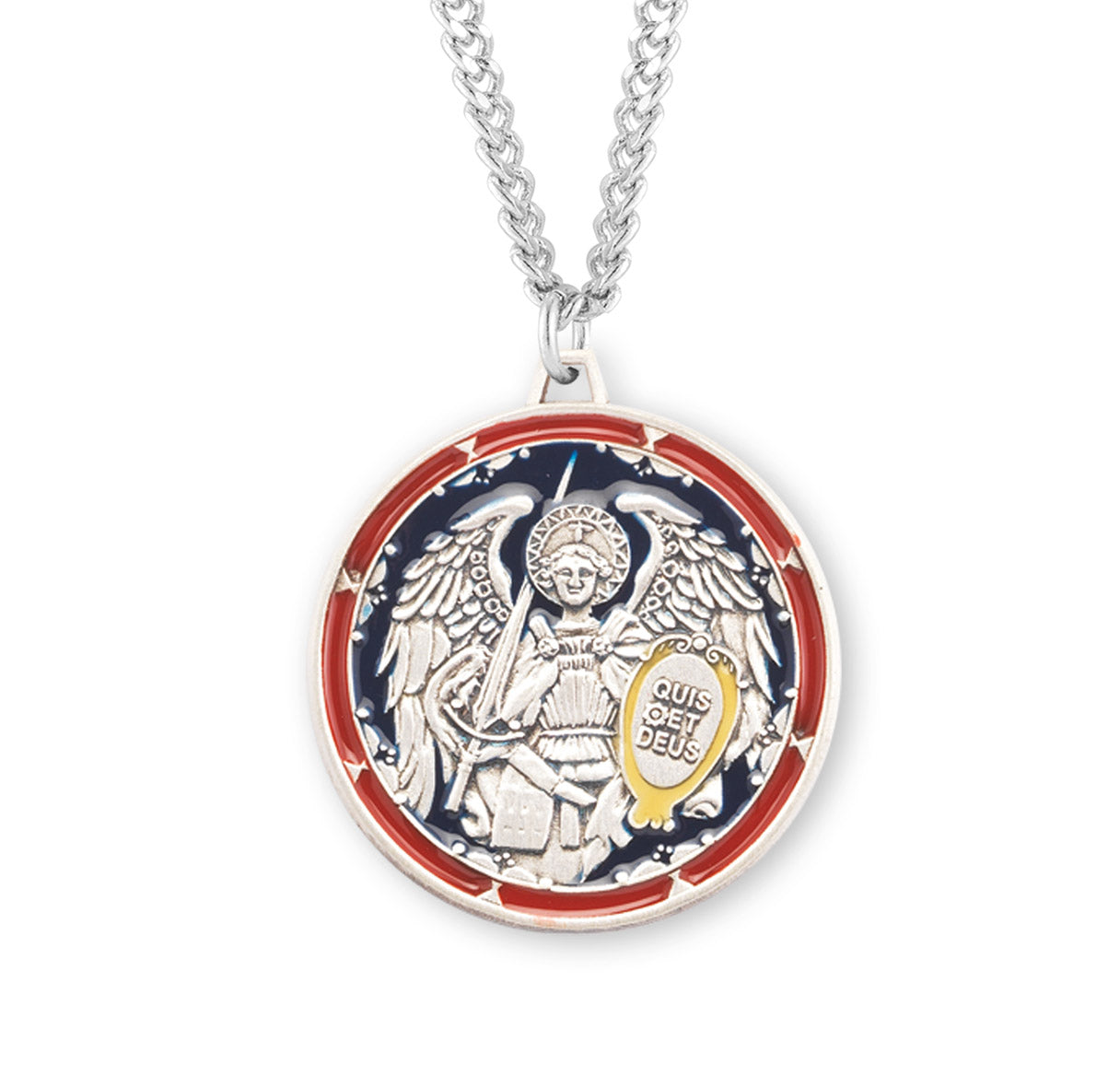 Saint Michael the Archangel Round Sterling Silver Enameled Medal Pendant with Chain | .925 Silver