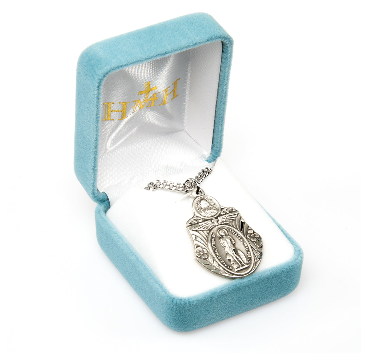 Saint Sebastian "Patron of Athletes" Sterling Silver Badge Shape Medal Pendant with Chain | .925 Silver