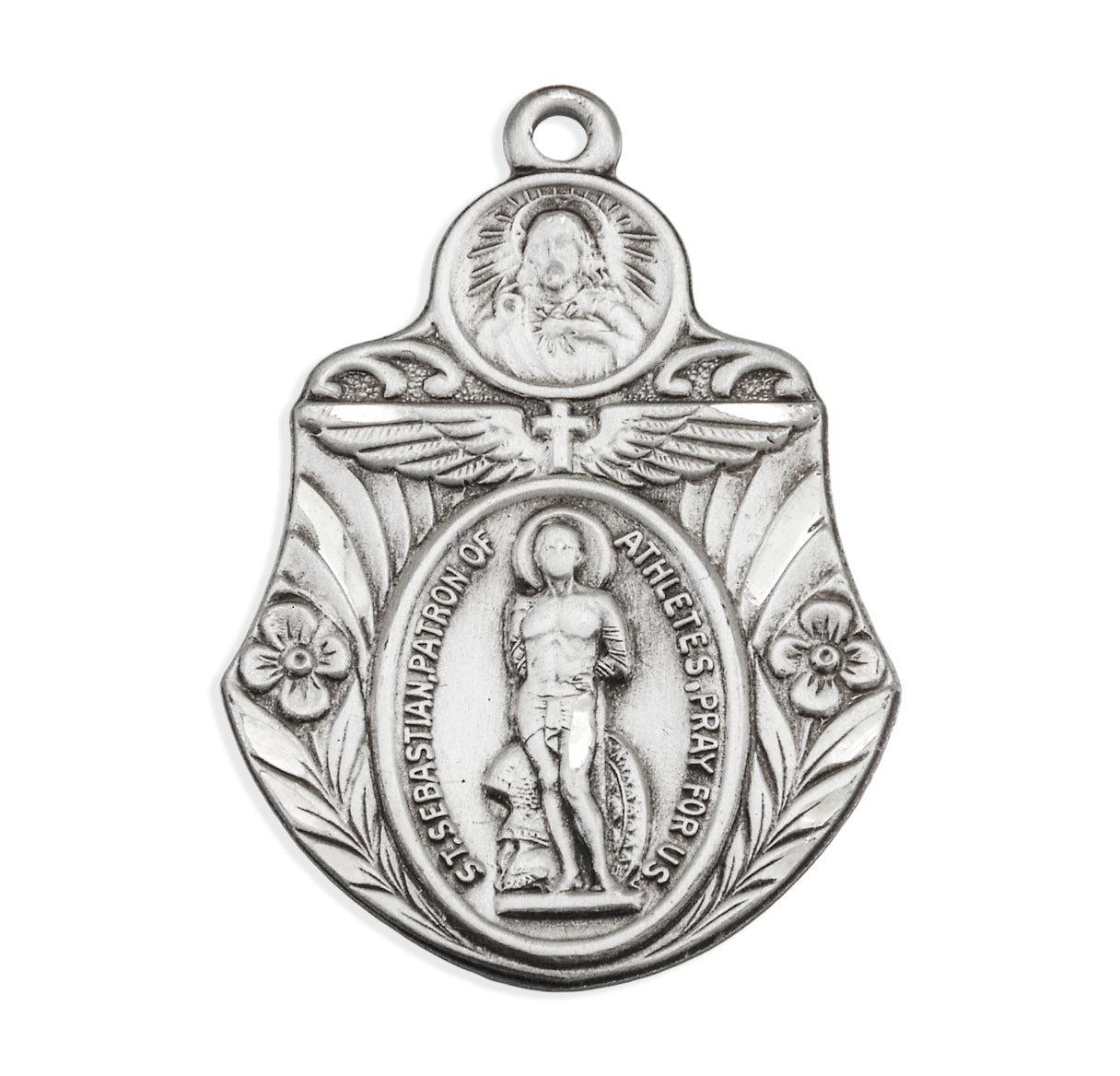 Saint Sebastian "Patron of Athletes" Sterling Silver Badge Shape Medal Pendant with Chain | .925 Silver