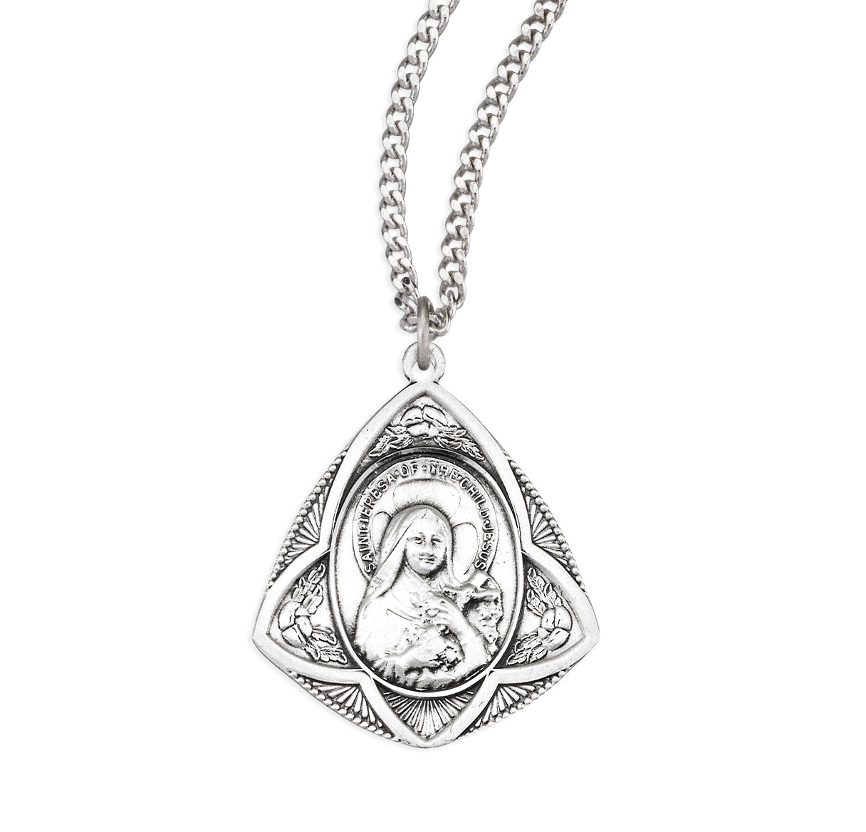 Sterling Silver St. Therese Quadrangle Arch Medal with Our Lady of Mt. Carmel Back Necklace | .925 Silver