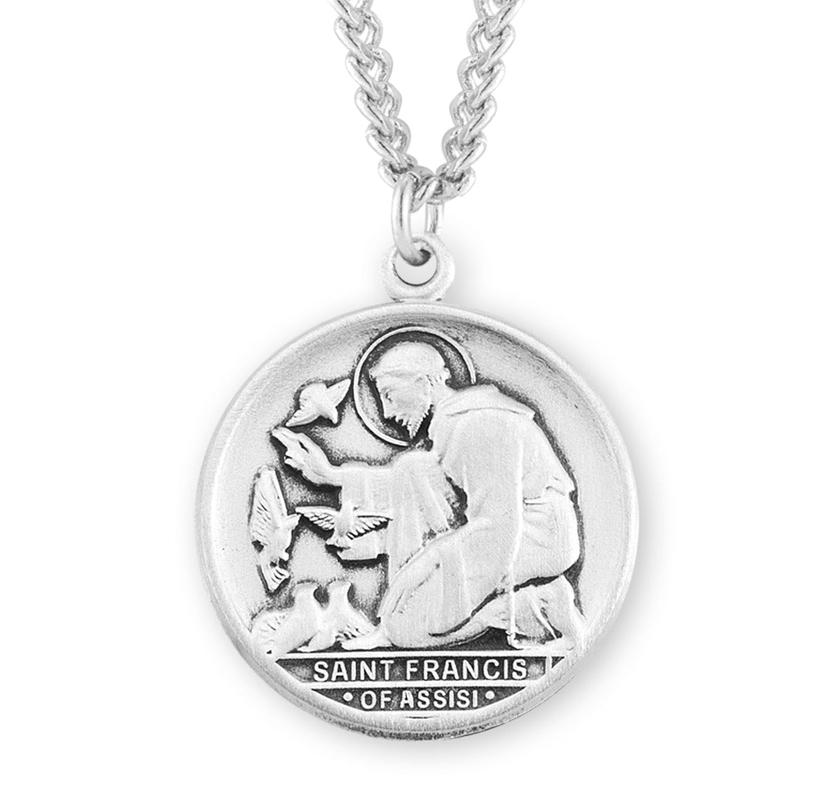 Saint Francis of Assisi Round Sterling Silver Medal Pendant with Chain | .925 Silver