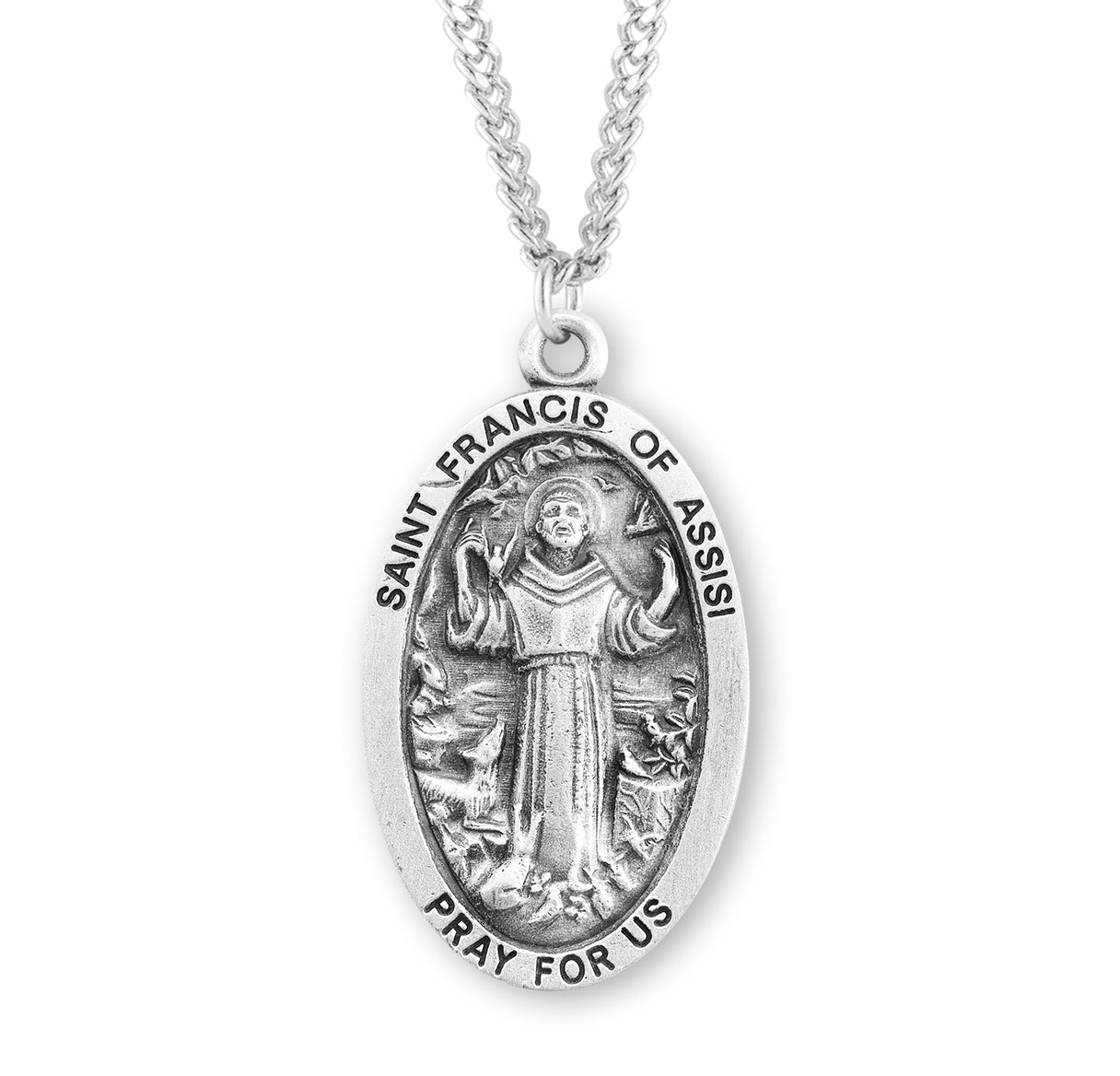 Saint Francis of Assisi Oval Sterling Silver Medal Pendant with Chain | .925 Silver