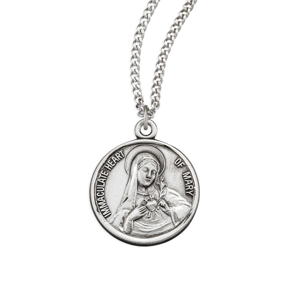 Immaculate Heart of Mary Round Sterling Silver Medal Pendant with Chain | .925 Silver