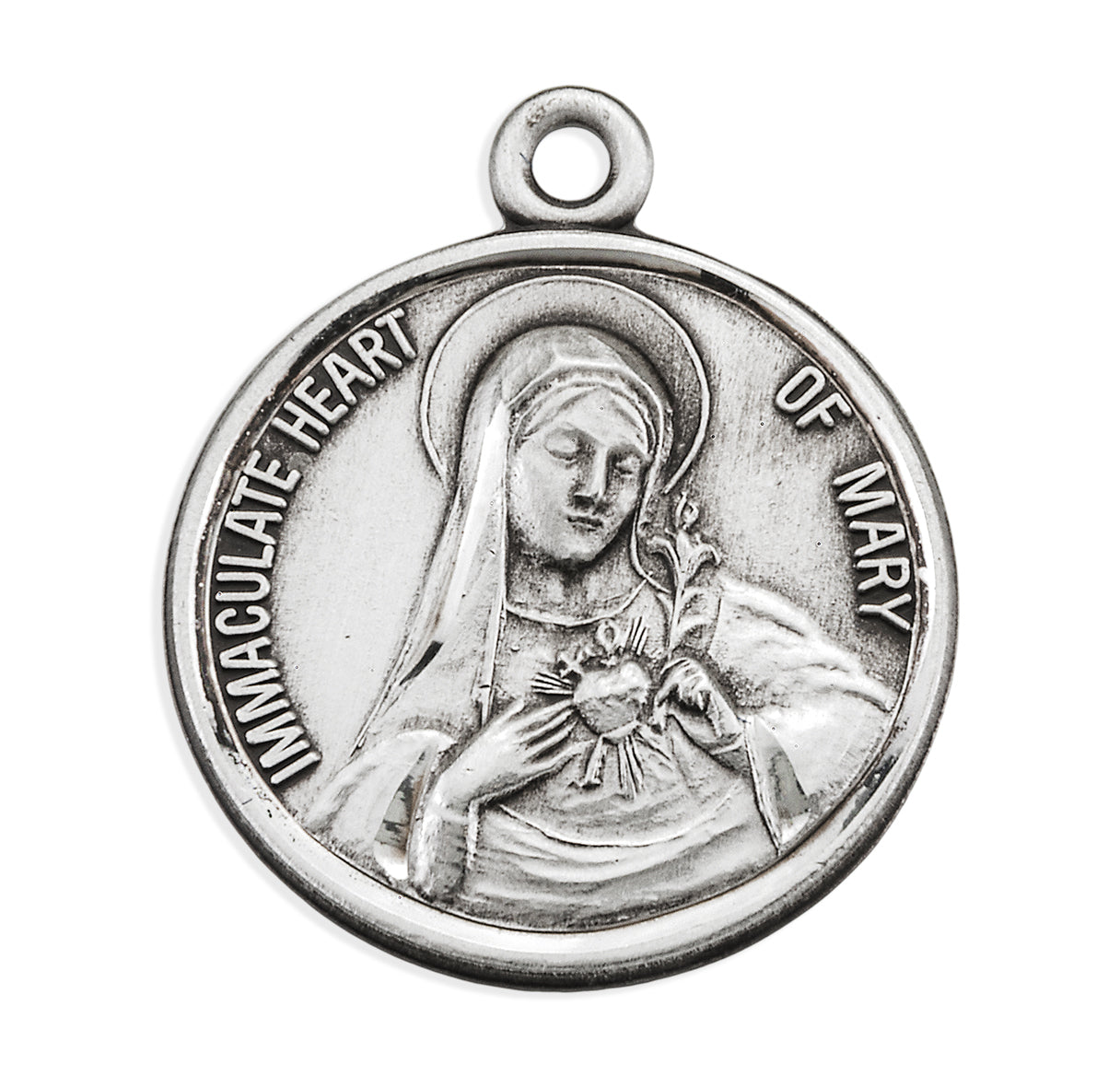 Immaculate Heart of Mary Round Sterling Silver Medal Pendant with Chain | .925 Silver