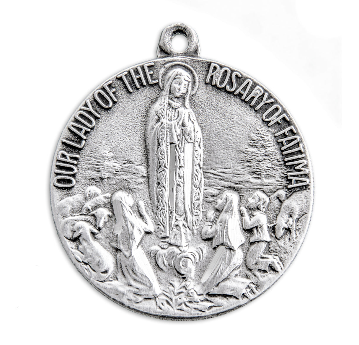 Our Lady of Fatima Round Sterling Silver Medal Pendant with Chain | .925 Silver