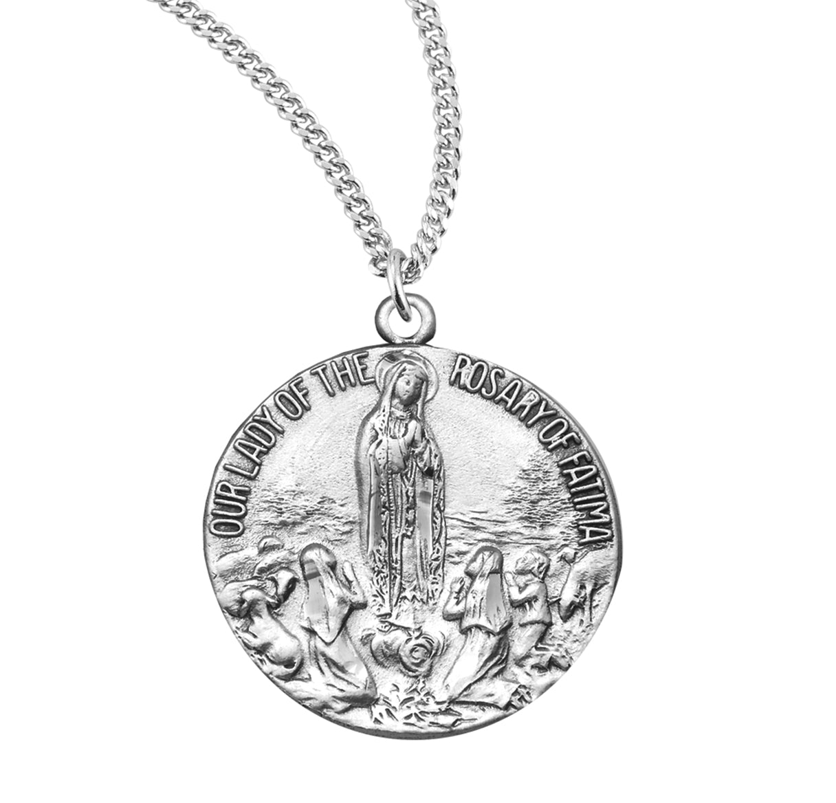 Our Lady of Fatima Round Sterling Silver Medal Pendant with Chain | .925 Silver
