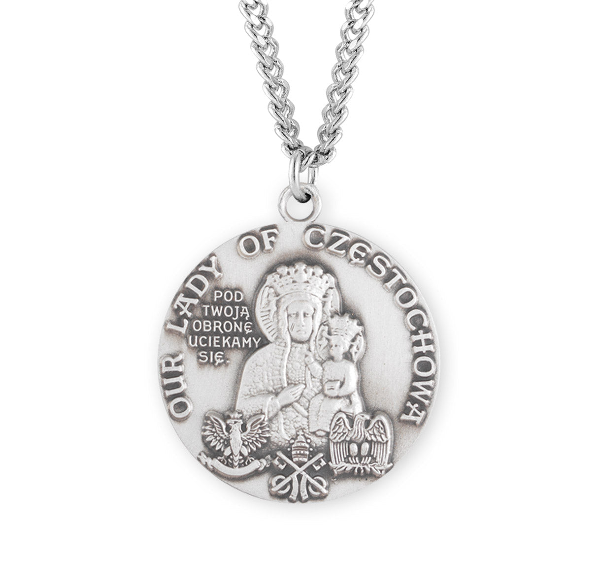 Our Lady of Czestochowa Round Sterling Silver Medal Pendant with Chain | .925 Silver