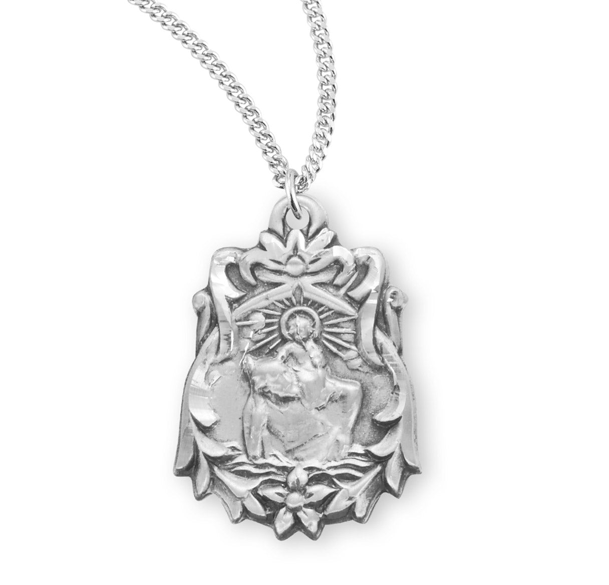 Saint Christopher Floral Bordered Sterling Silver Medal Pendant with Chain | .925 Silver