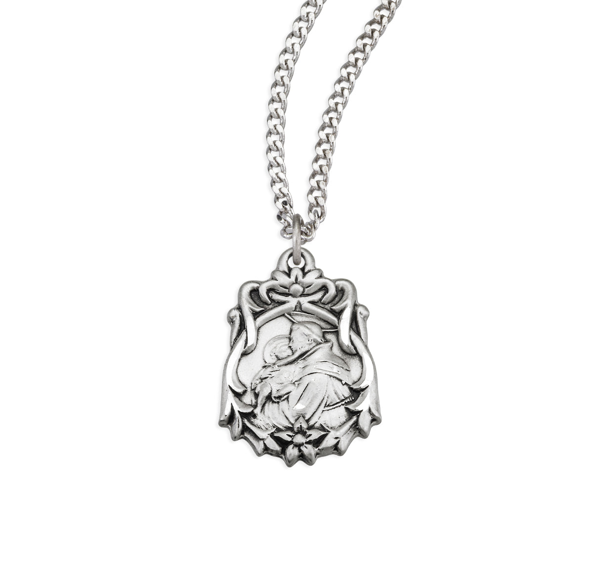 Saint Anthony Floral Bordered Sterling Silver Medal Pendant with Chain | .925 Silver