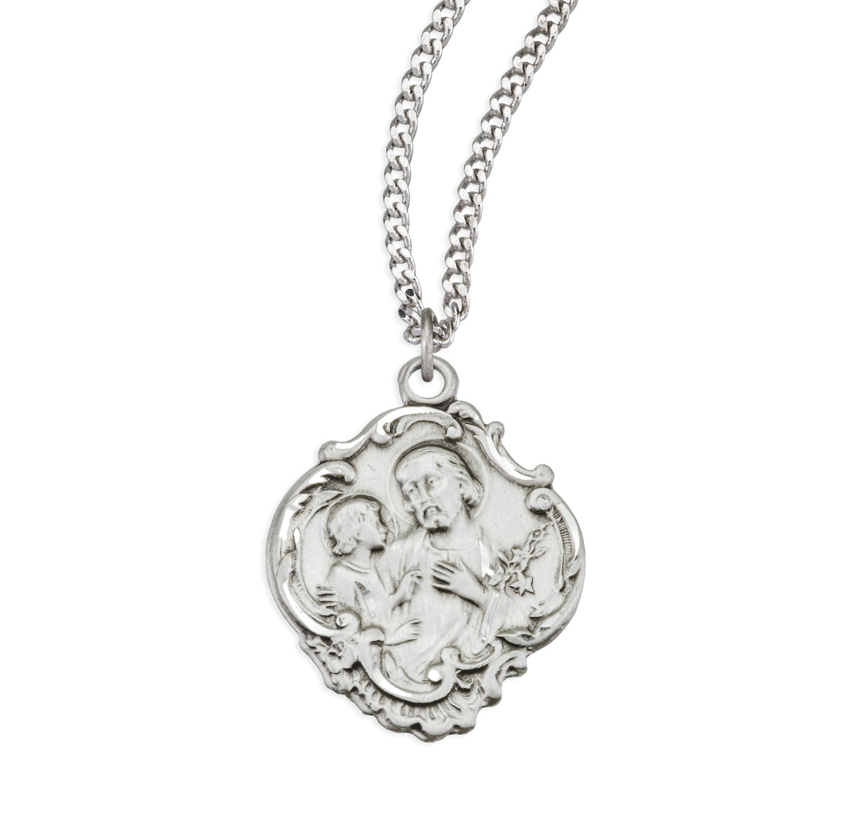 Sterling Silver St. Joseph Baroque Medal Pendant with Chain | .925 Silver