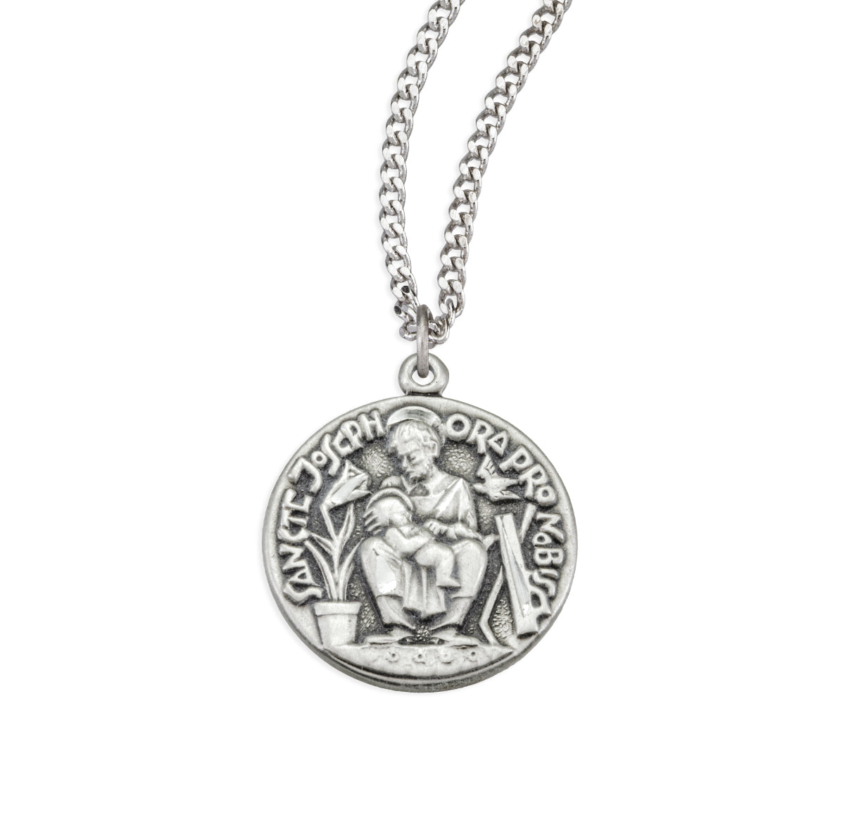 Sterling Silver St. Joseph Medal Seated with Infant Jesus Necklace | .925 Silver
