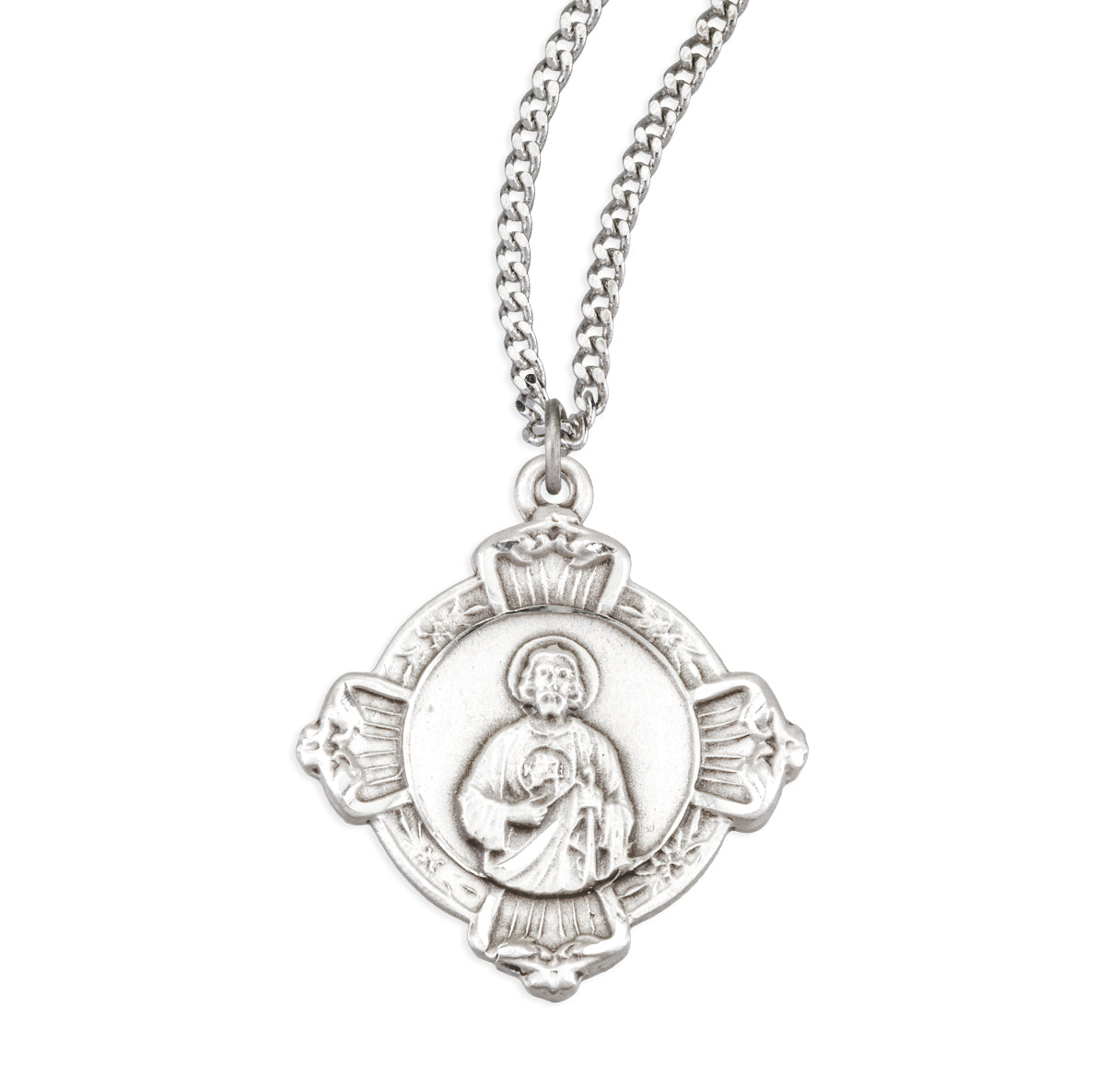 Sterling Silver St. Jude Cross Medal with Sacred Heart of Jesus Back Necklace | .925 Silver