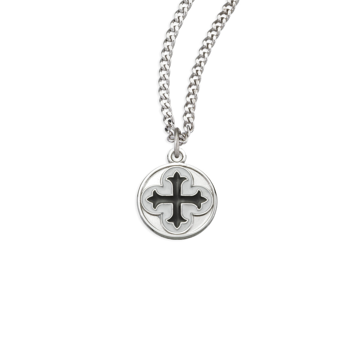 Sterling Silver Round Clover Cross Medal with Black Epoxy Necklace | .925 Silver
