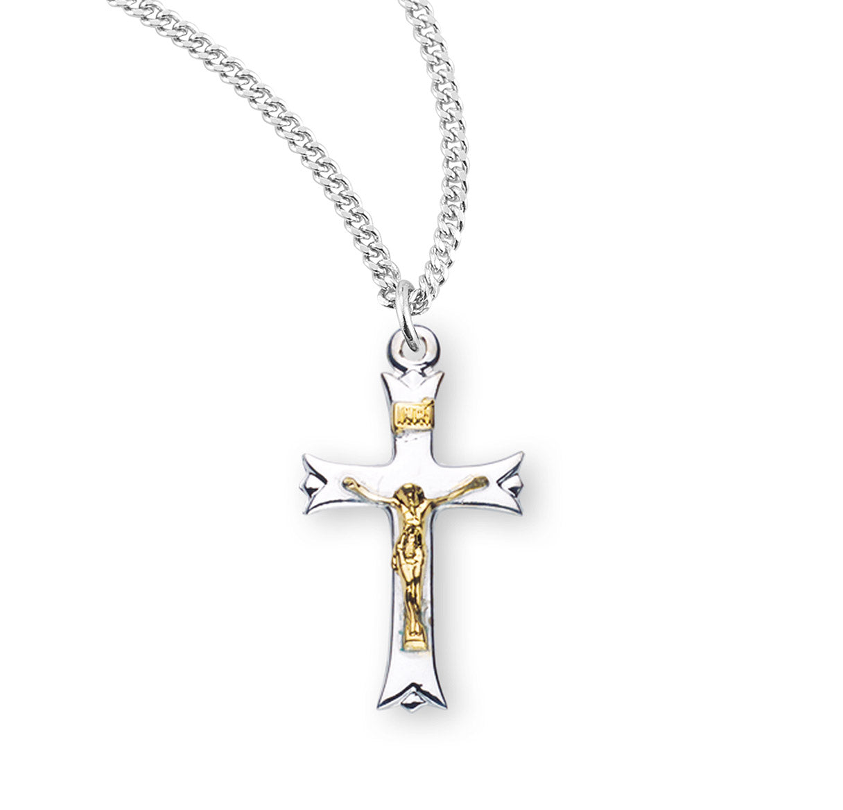 Sterling Silver Two Toned Notched Flared Tip Crucifix Necklace | .925 Silver