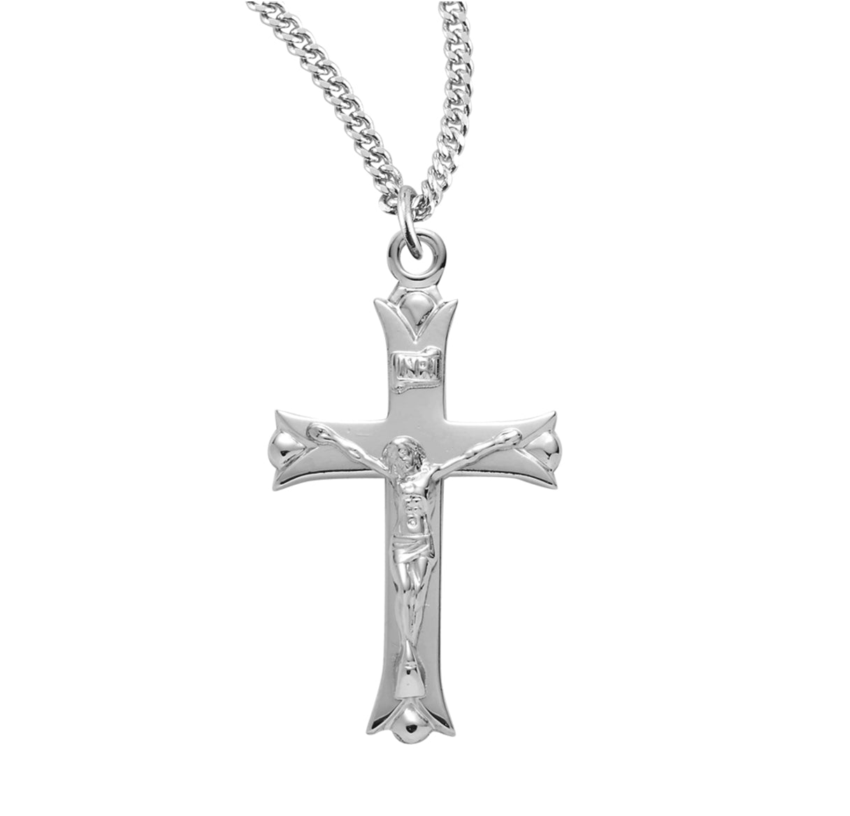 Leaf Tipped Sterling Silver High Polished Crucifix Necklace | .925 Silver