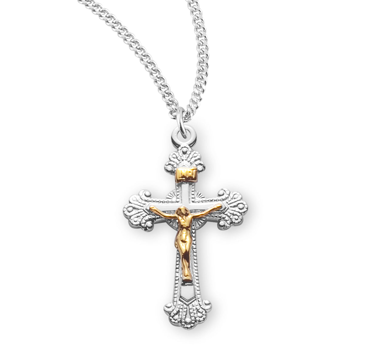 Two Toned Fancy Engraved Sterling Silver Crucifix Necklace | .925 Silver