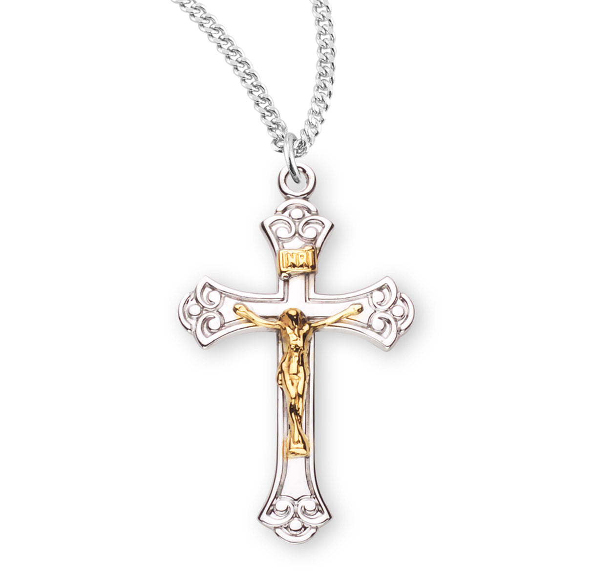 Swirled Sterling Silver Two Toned Crucifix Necklace | .925 Silver