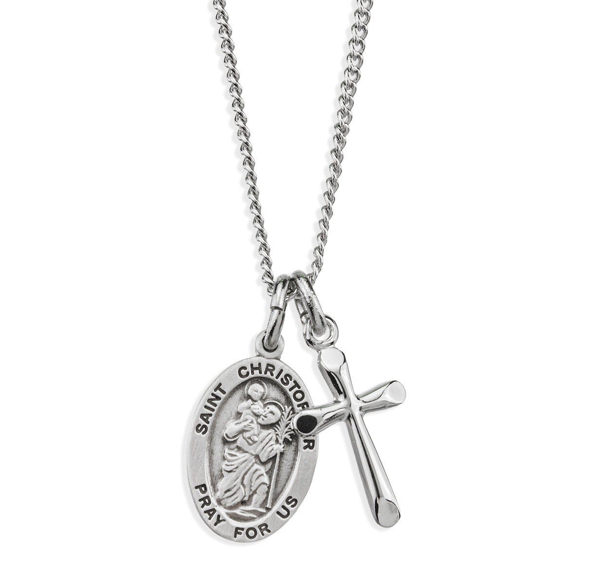 Sterling Silver St. Christopher Medal and Small Cross Necklace | .925 Silver