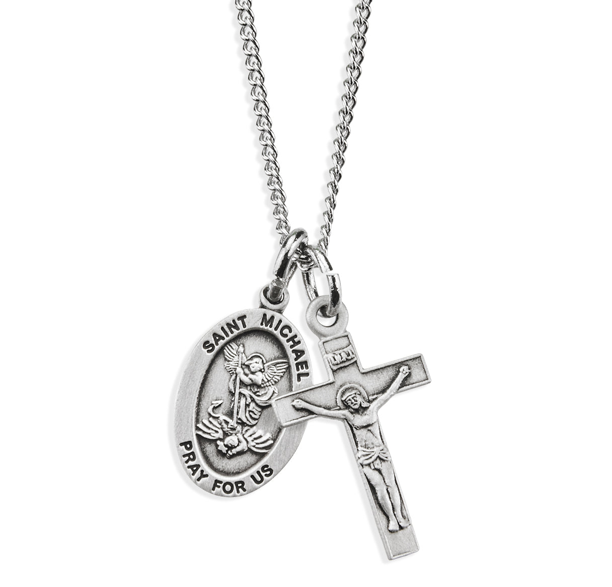 Sterling Silver Small St. Michael Medal and Small Crucifix Necklace | .925 Silver