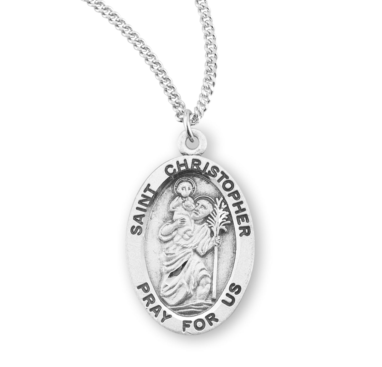 Saint Christopher Oval Sterling Silver Medal Pendant with Chain | .925 Silver