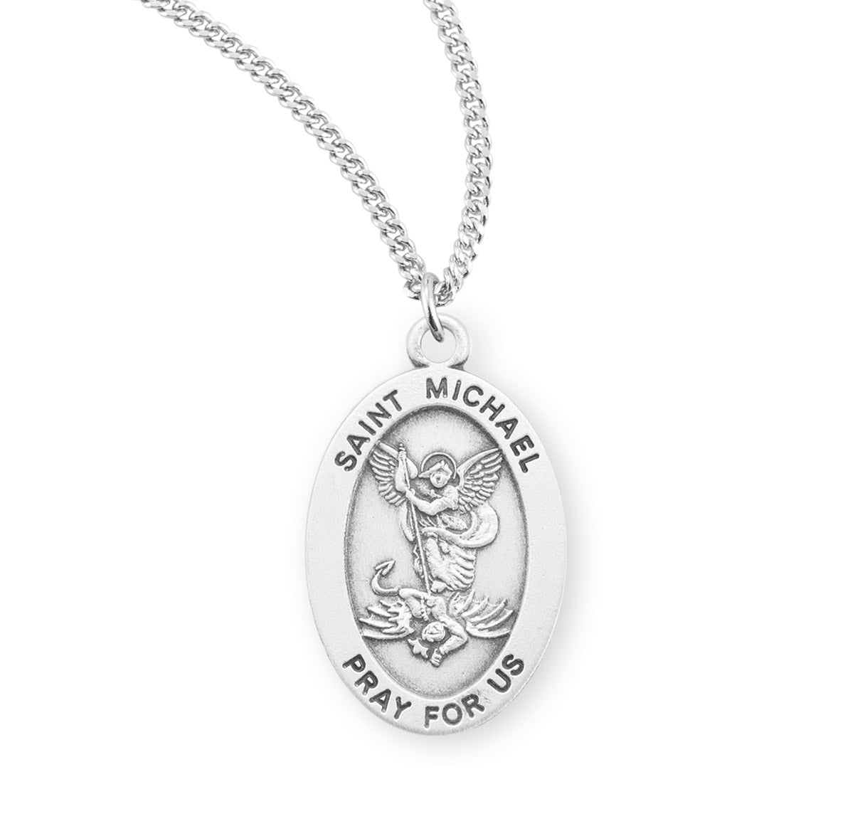 Saint Michael Archangel Oval Sterling Silver Medal Pendant with Chain | .925 Silver