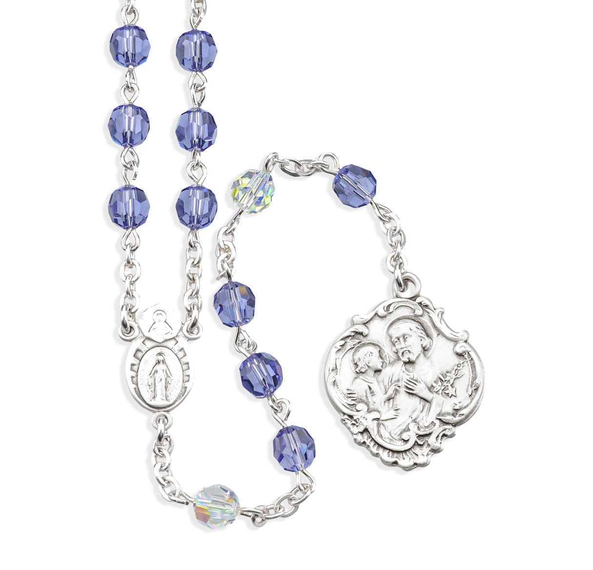 Sterling Silver St. Joseph Chaplet with Miraculous Centerpiece made with Finest Crystal 6mm Tanzanite Beads Necklace | .925 Silver