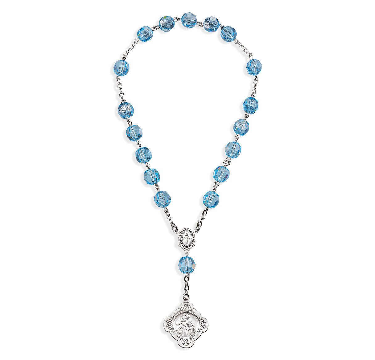 Sterling Silver St. Ann Chaplet with Miraculous Centerpiece made with Finest Crystal 7mm Light Sapphire Beads Necklace