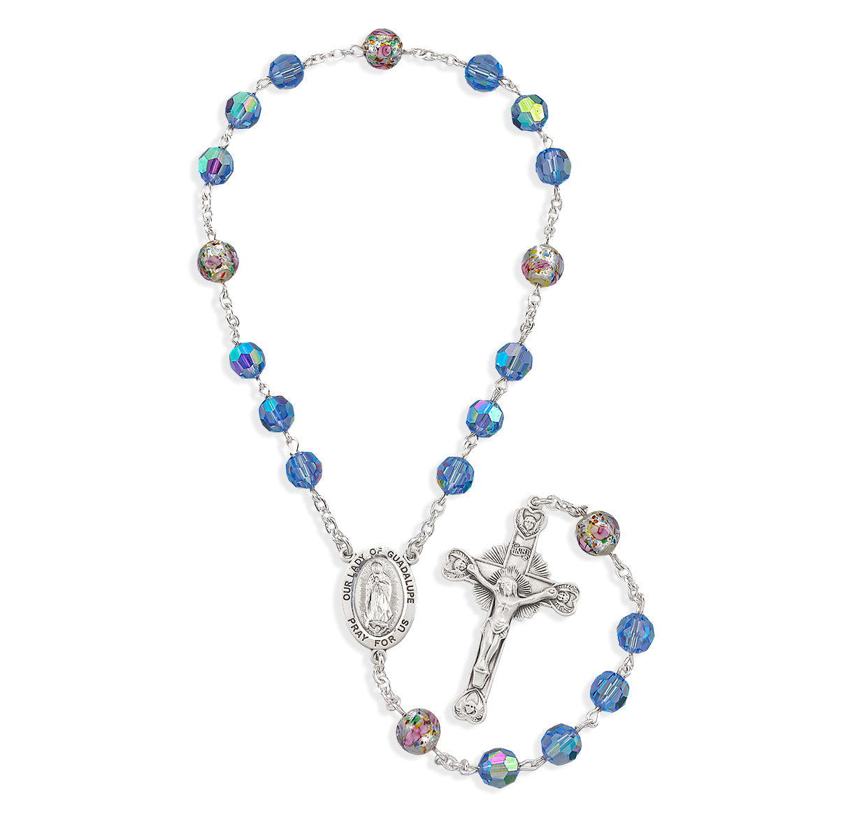Sterling Silver Our Lady of Guadalupe Chaplet made with Finest Austrian Crystal Light Sapphire Beads & Floral Glass Beads Crystal 7mm Necklace