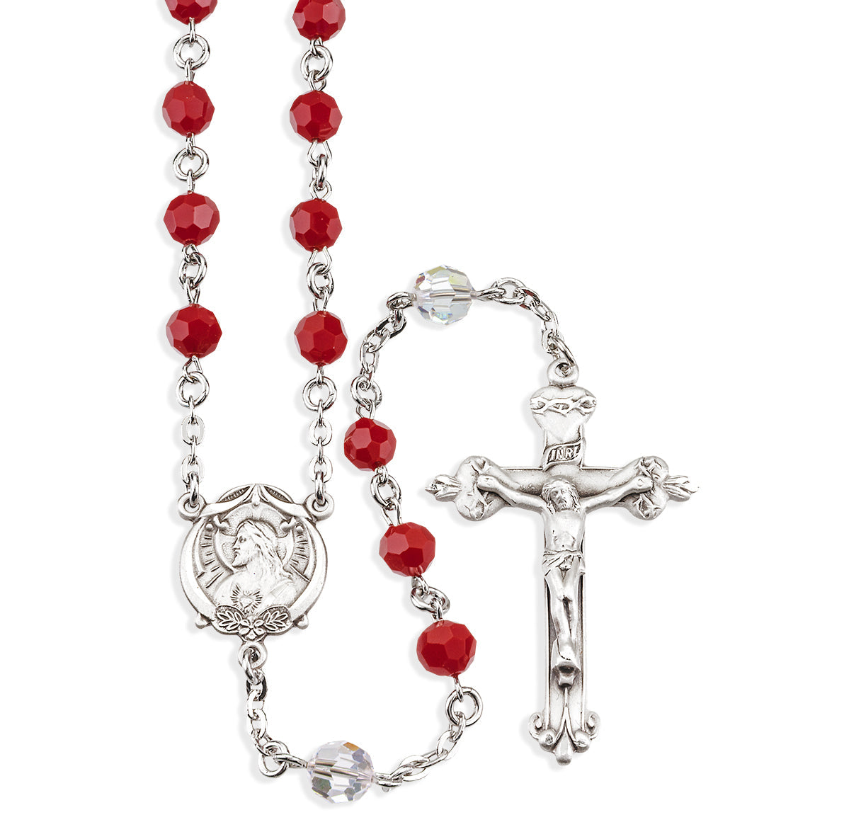 Sterling Silver Sacred Heart of Jesus Chaplet made with 6mm Finest Crystal Blood Red & Crystal Beads Necklace | .925 Silver
