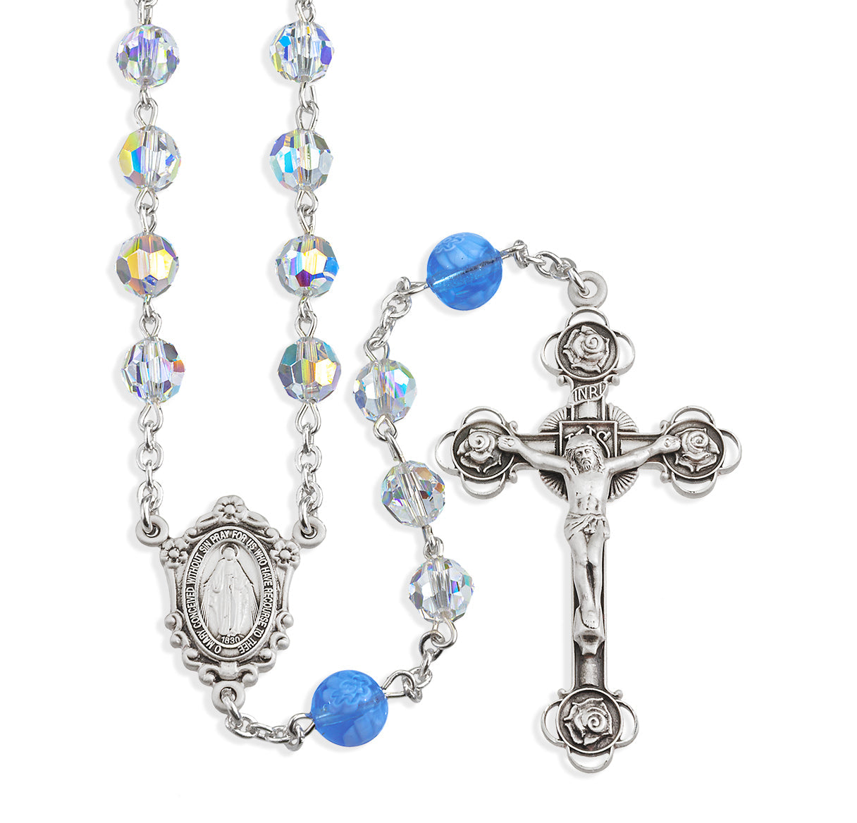 Sterling Silver Rosary handmade with finest Austrian Crystal 7mm Aurora Borealis Round Beads and Blue Murano Glass Round Beads by HMH