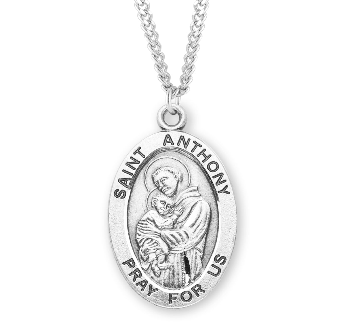 Patron Saint Anthony Oval Sterling Silver Medal Pendant with Chain | .925 Silver