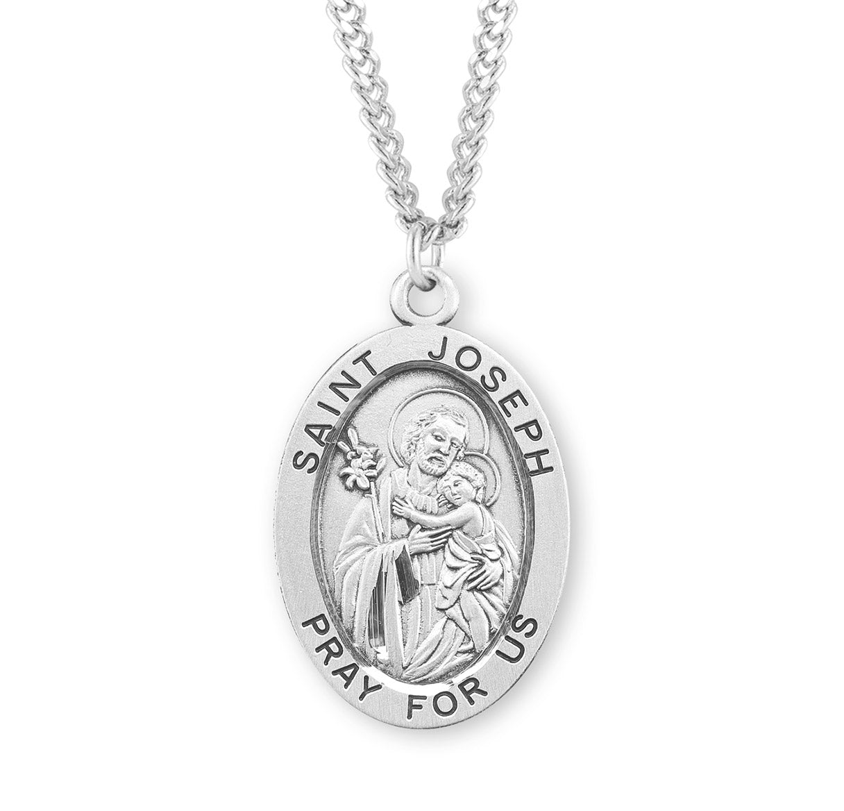 Patron Saint Joseph Oval Sterling Silver Medal Pendant with Chain | .925 Silver