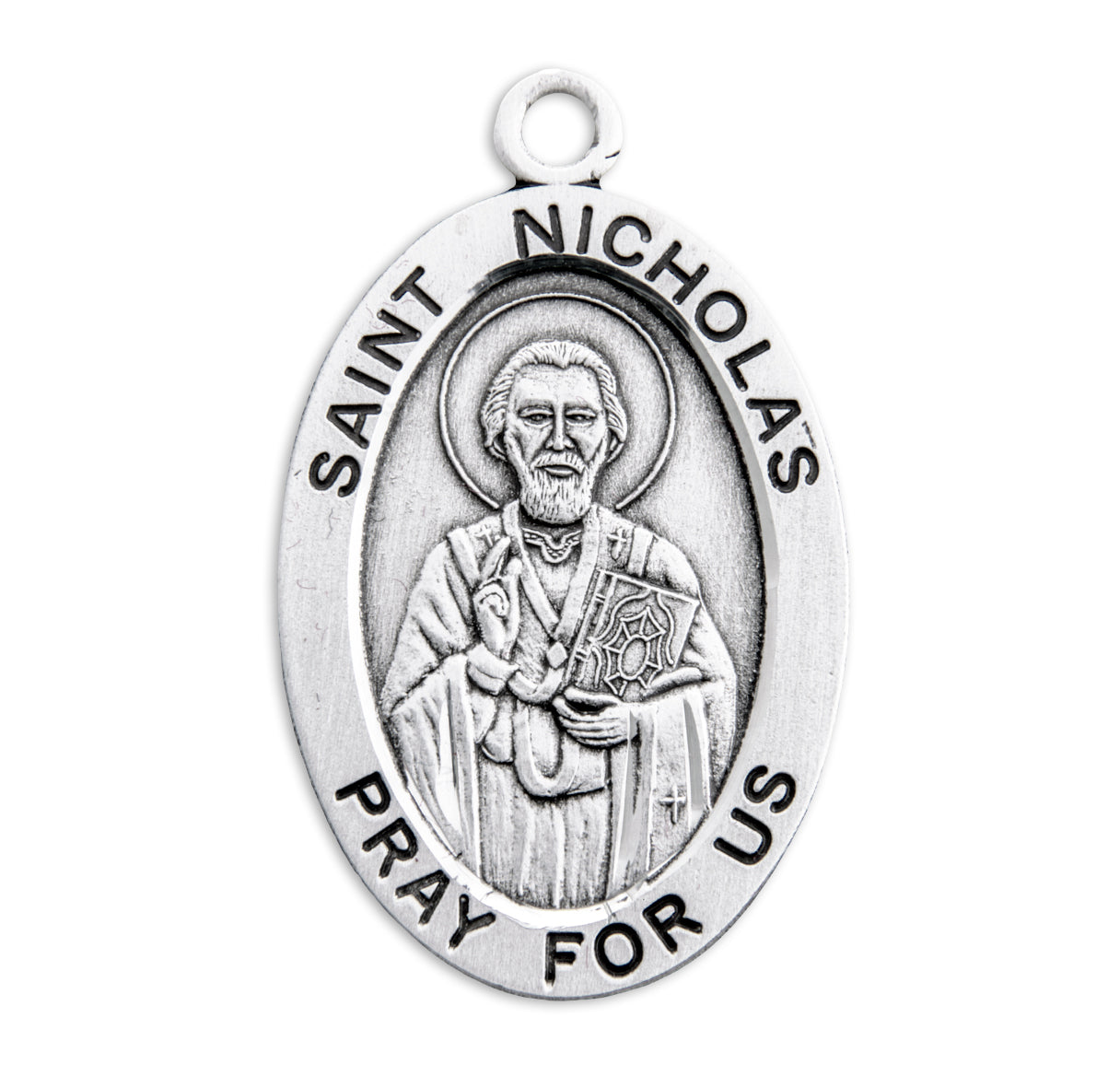 Patron Saint Nicholas Oval Sterling Silver Medal Pendant with Chain | .925 Silver