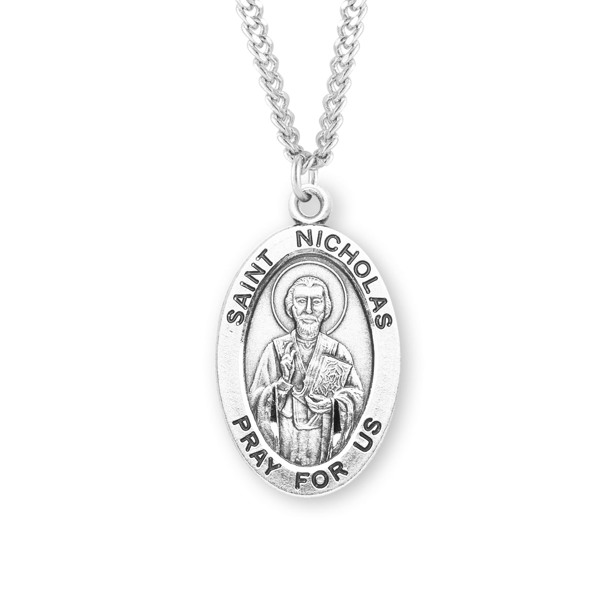 Patron Saint Nicholas Oval Sterling Silver Medal Pendant with Chain | .925 Silver