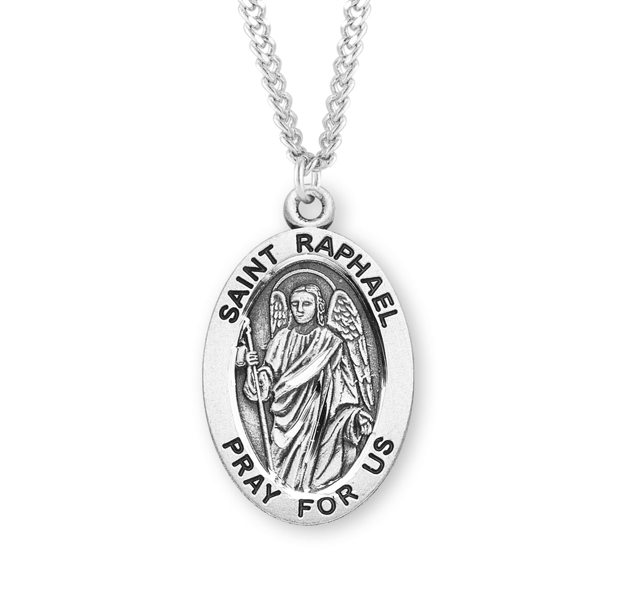 Patron Saint Raphael Archangel Oval Sterling Silver Medal Pendant with Chain | .925 Silver