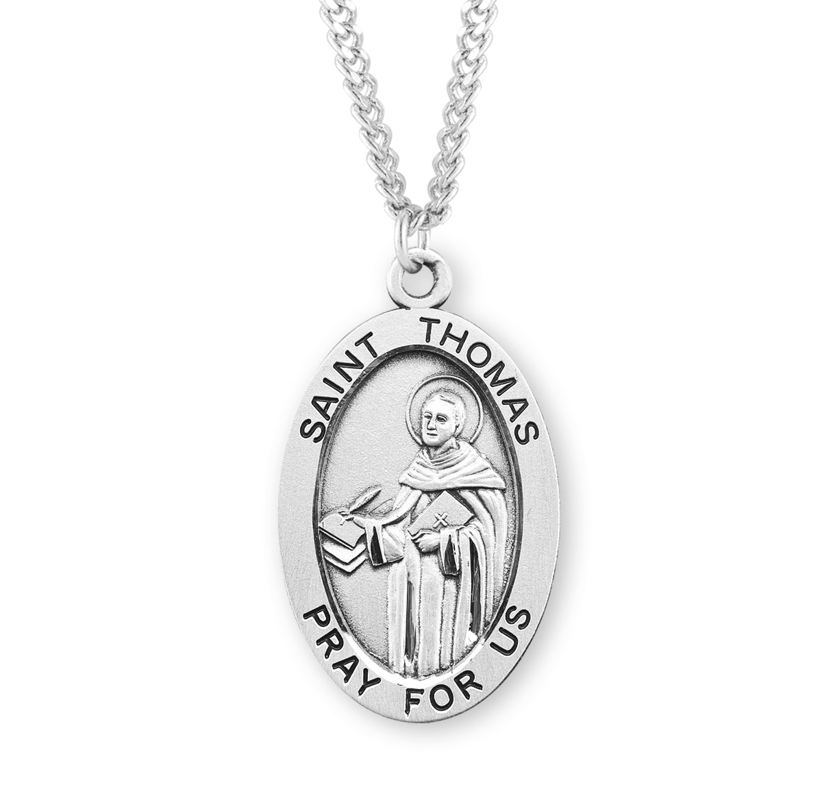 Patron Saint Thomas Aquinas Oval Sterling Silver Medal Pendant with Chain | .925 Silver