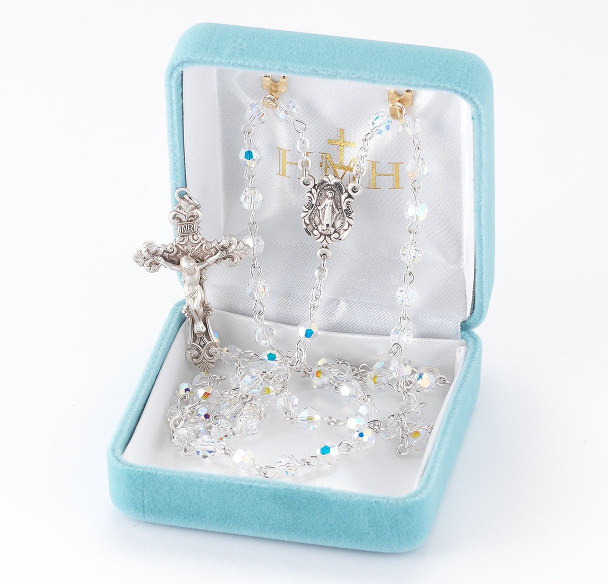 Sterling Silver Rosary Handmade with finest Austrian Crystal 5mm Aurora Borealis Faceted Round Beads by HMH | .925 Silver