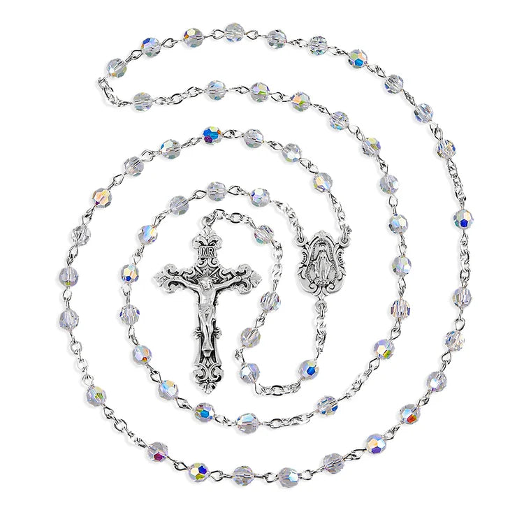 Sterling Silver Rosary Handmade with Crystals by Swarovski® 5mm Aurora Borealis Faceted Round Rosary Beads by HMH | .925 Silver