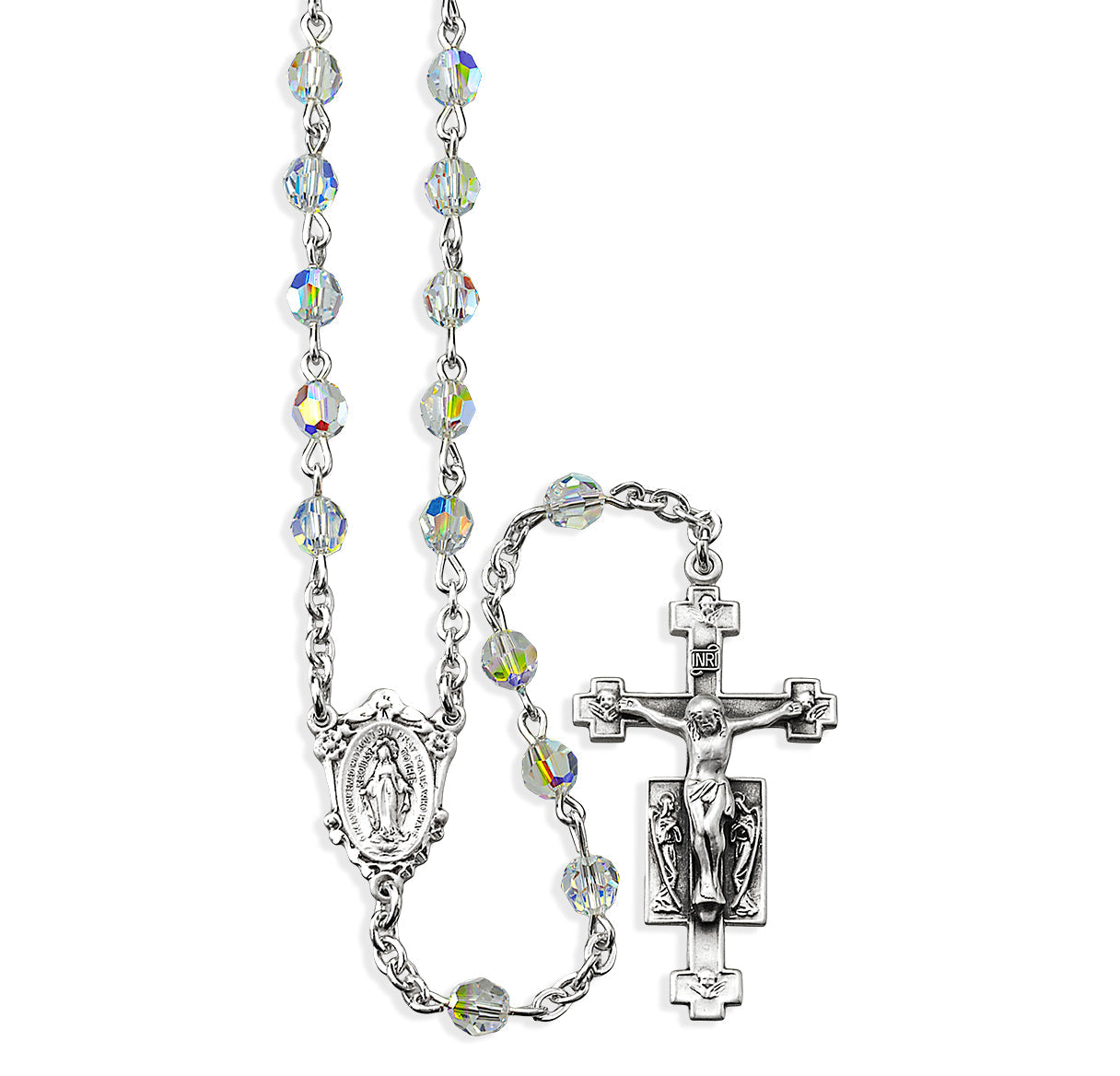 Sterling Silver Rosary Handmade with finest Austrian Crystal 5mm Aurora Borealis Faceted Round Beads by HMH | .925 Silver
