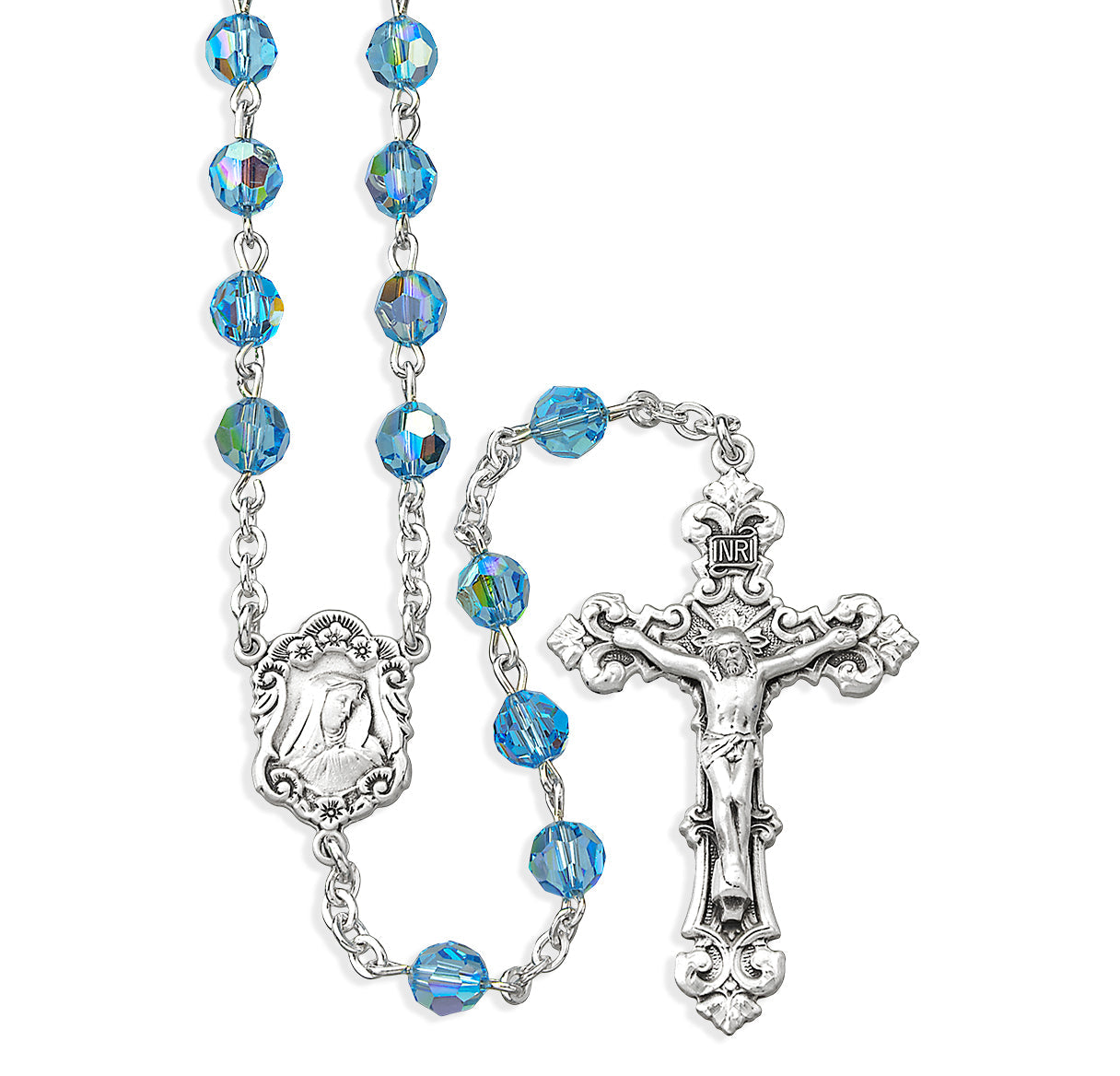 Sterling Silver Rosary Handmade with finest Austrian Aqua Crystal 6mm Faceted Round Beads by HMH | .925 Silver