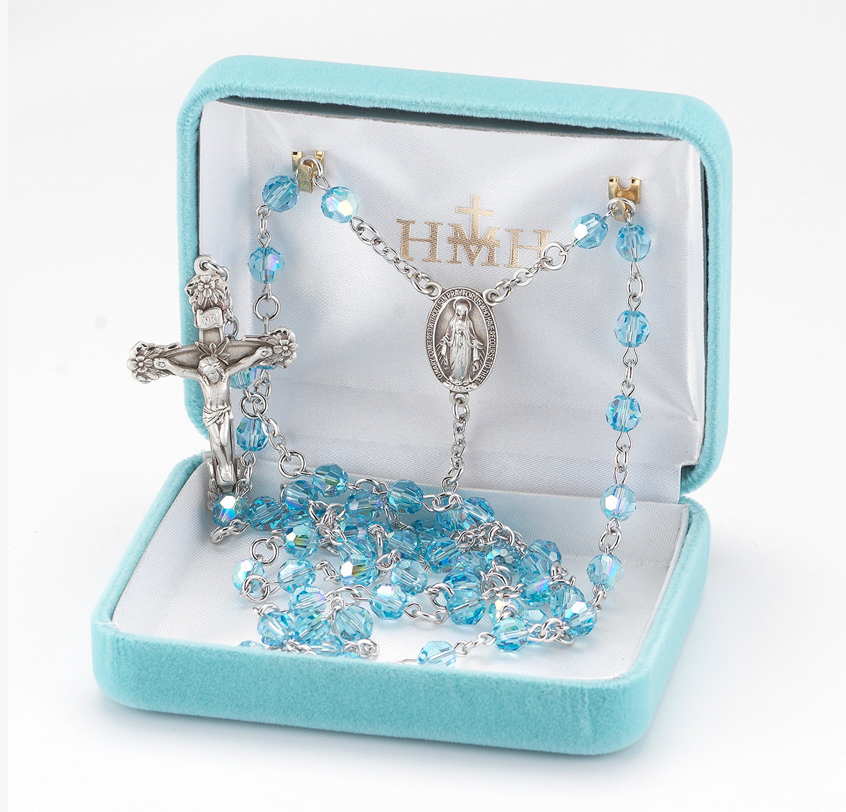 Sterling Silver Rosary Handmade with finest Austrian Aqua Crystal 6mm Faceted Round Beads by HMH | .925 Silver
