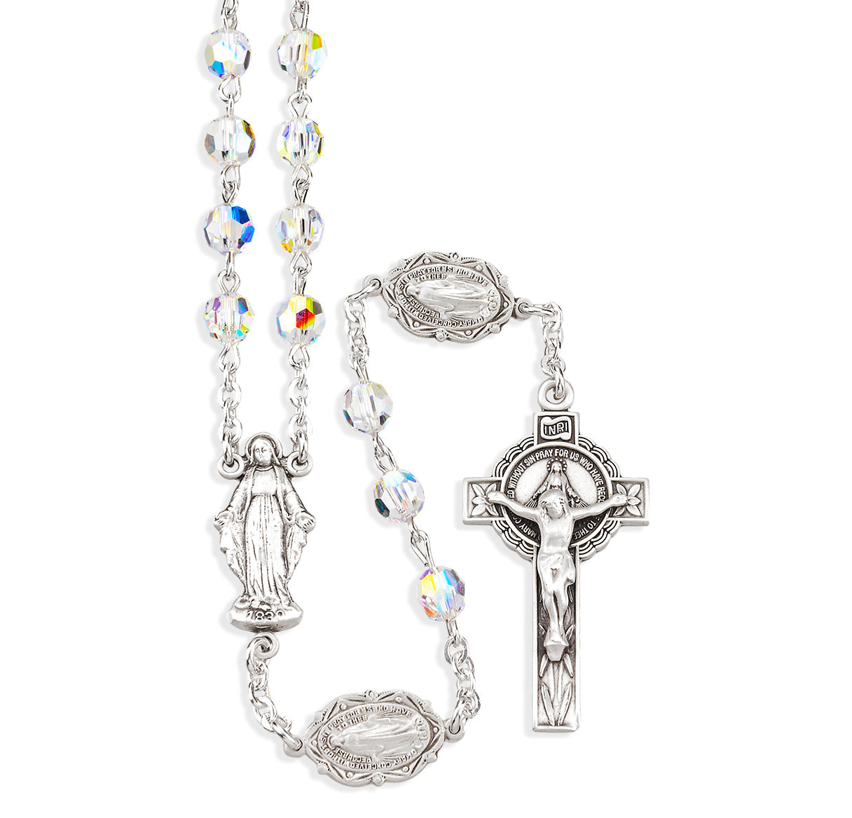 Sterling Silver Rosary Handmade with finest Austrian Crystal 6mm Aurora Borealis Faceted Round Beads by HMH | .925 Silver