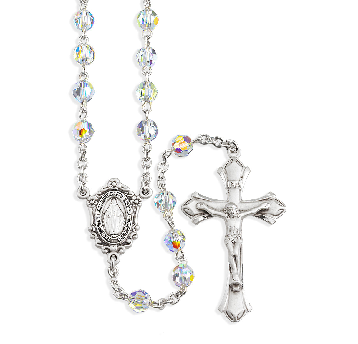 Sterling Silver Rosary Handmade with finest Austrian Crystal 6mm Aurora Borealis Faceted Round Beads by HMH | .925 Silver