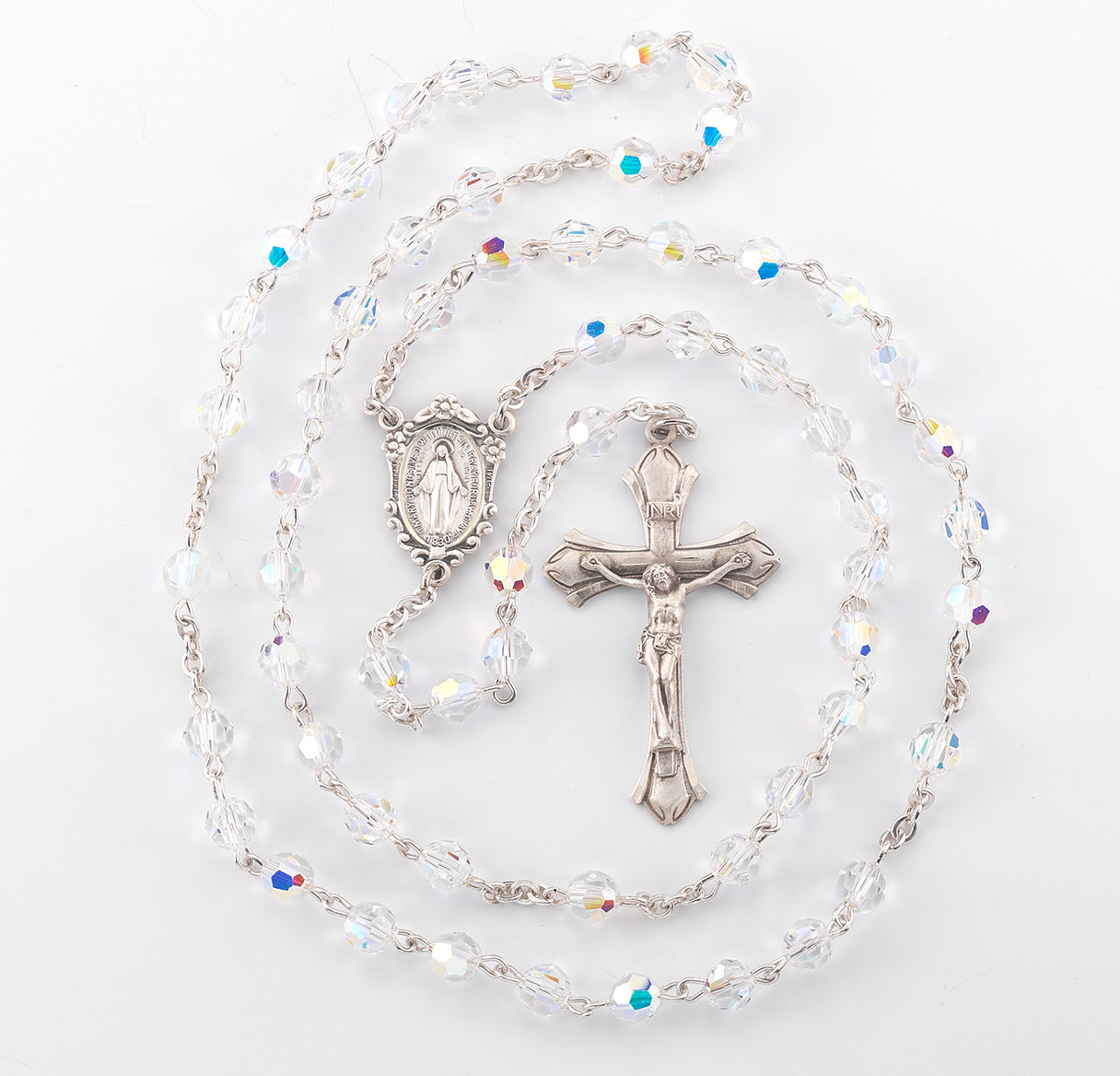 Sterling Silver Rosary Handmade with finest Austrian Crystal 6mm Aurora Borealis Faceted Round Beads by HMH | .925 Silver