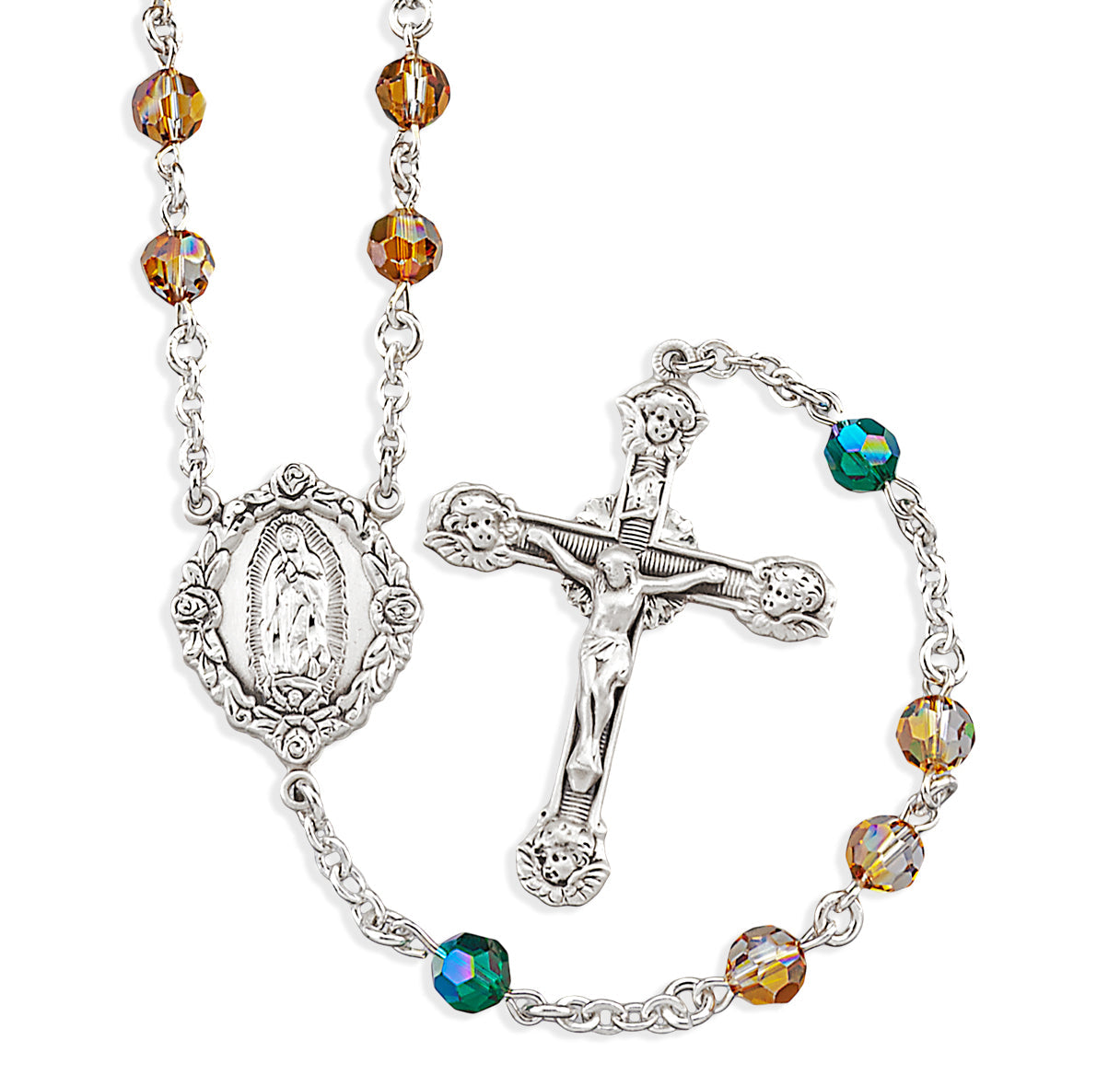 Sterling Silver Our Lady of Guadalupe Rosary made with 6mm Finest Crystal Topaz and Emerald Beads | .925 Silver