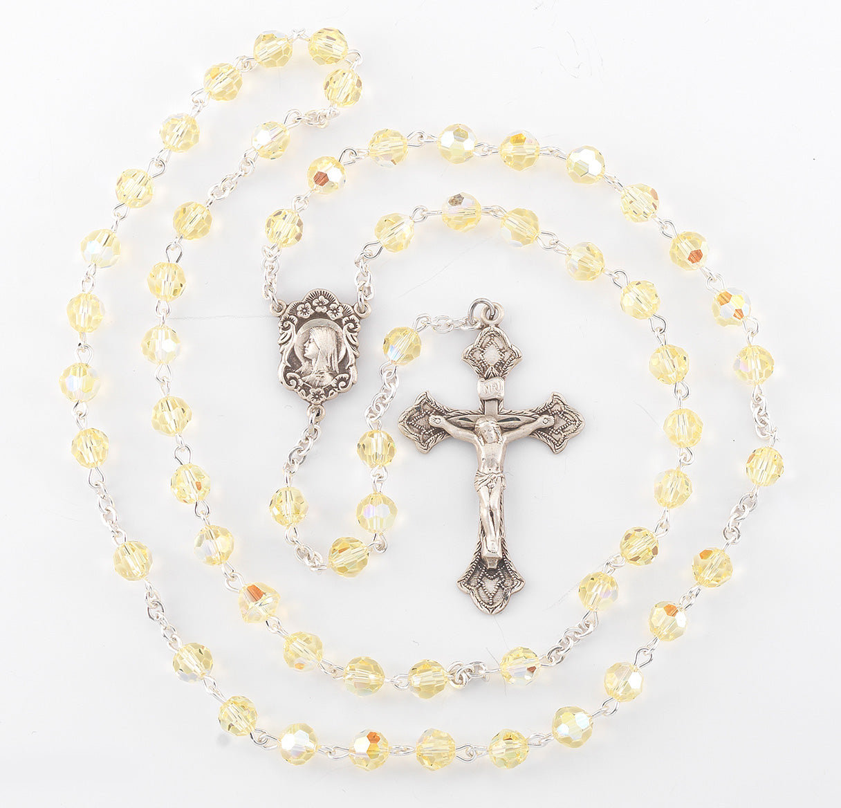 Sterling Silver Rosary Handmade with finest Austrian Crystal 6mm Jonquil Faceted Round Beads by HMH | .925 Silver