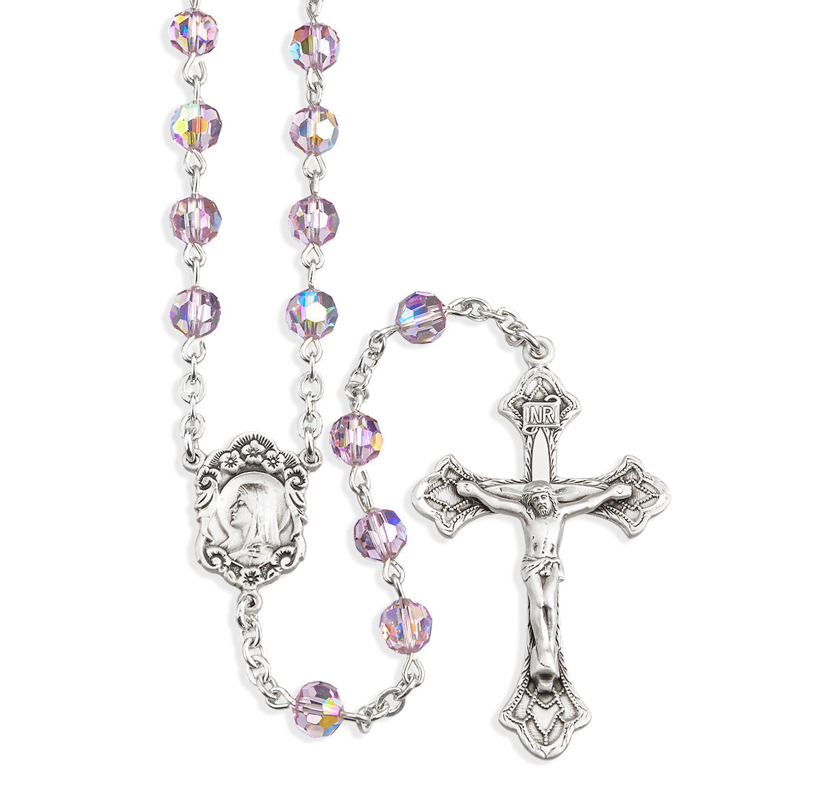 Sterling Silver Rosary Handmade with finest Austrian Crystal 6mm Light Amethyst Faceted Round Beads by HMH | .925 Silver