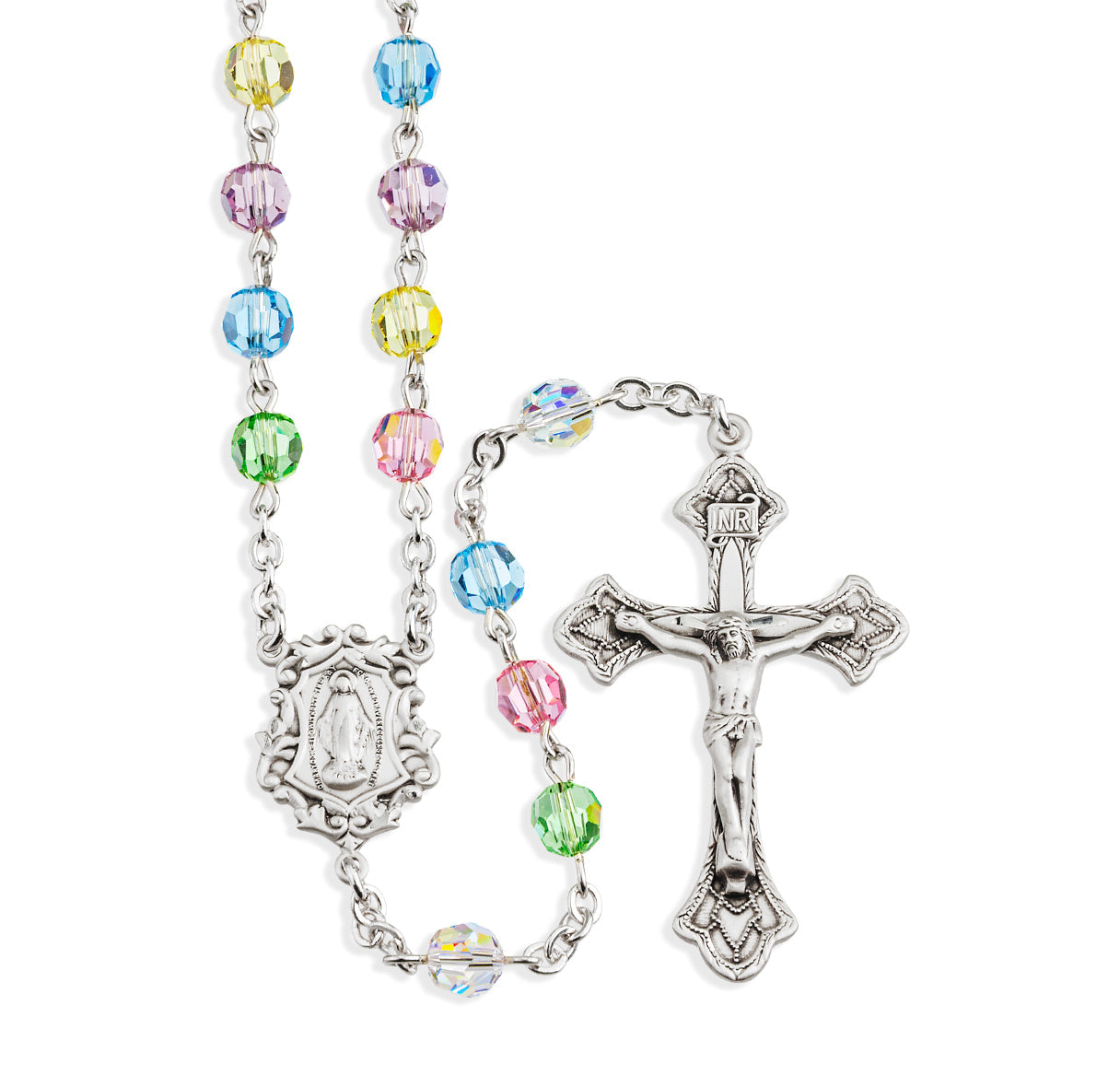 Sterling Silver Rosary Handmade with finest Austrian Crystal 6mm Multi-Color Faceted Round Beads by HMH | .925 Silver
