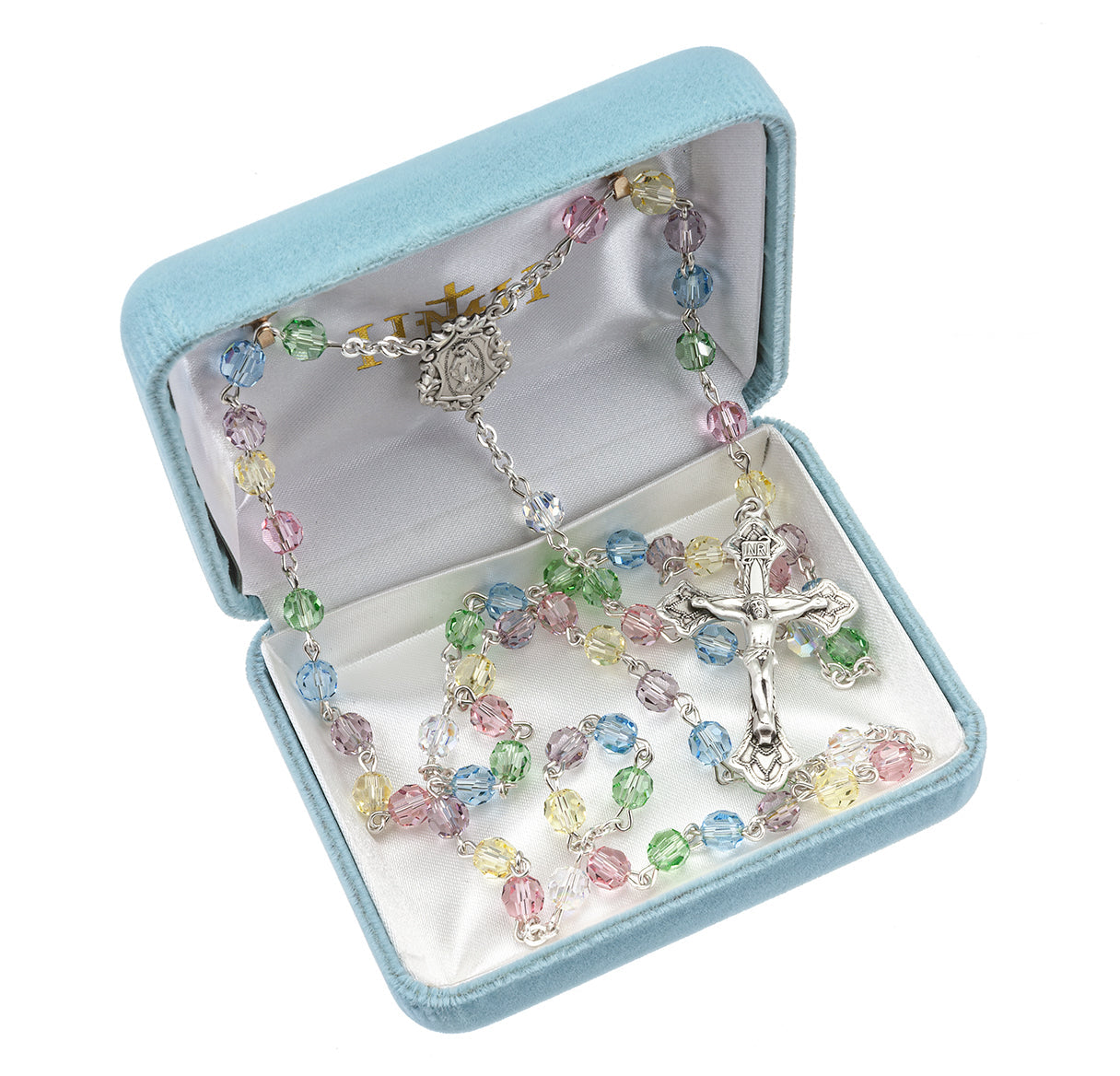 Sterling Silver Rosary Handmade with finest Austrian Crystal 6mm Multi-Color Faceted Round Beads by HMH | .925 Silver